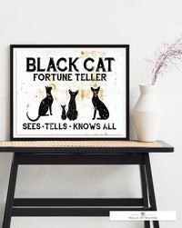 Whimsical Fortune Teller Cat Halloween Wall Decor - Vintage Poster Print