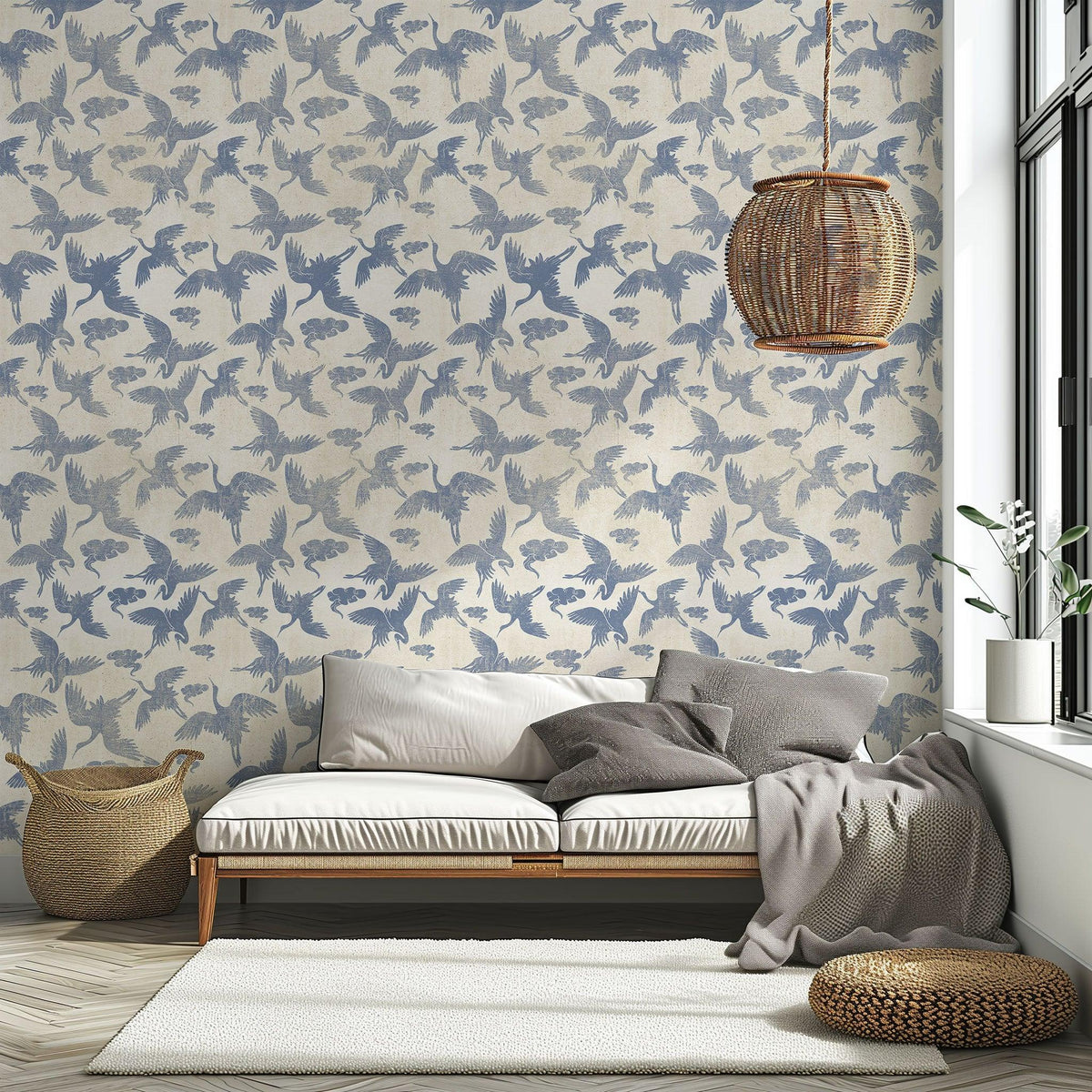 Distressed Blue Nova Cranes on Creamy Linen Background Peel & Stick Wallpaper