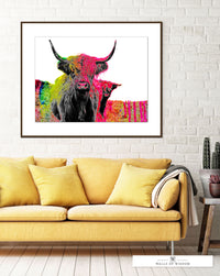 Pink Highland Cow Poster Print - Boho Maximalist Colorful Cow Art