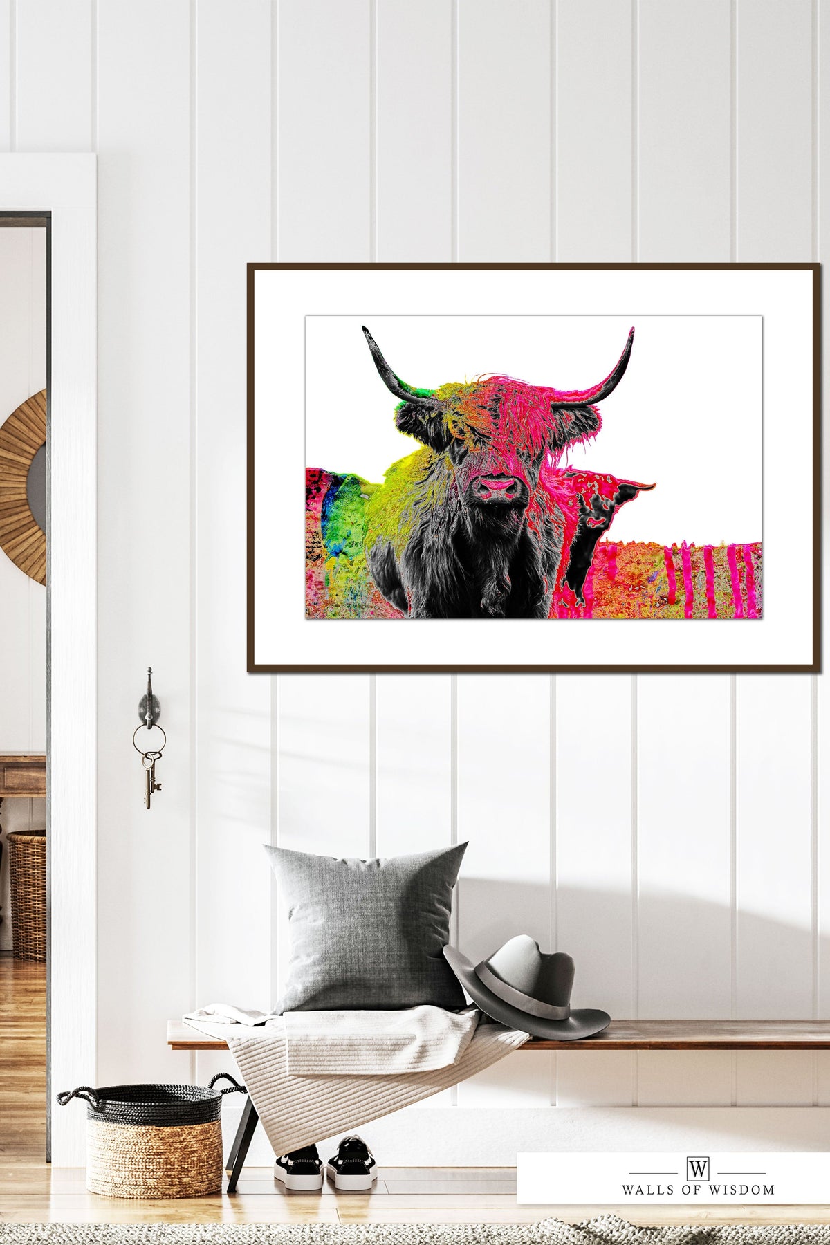 Pink Highland Cow Poster Print - Boho Maximalist Colorful Cow Art