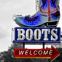 Boots Welcome neon canvas print with a Ft. Worth Stockyards cowboy boot sign, ideal for Western and Texas-themed spaces.