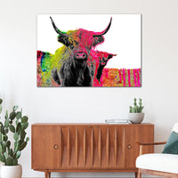 Boho Highland Cow Bright Pink Maximalist Wall Art - Bold and Colorful Cow Art
