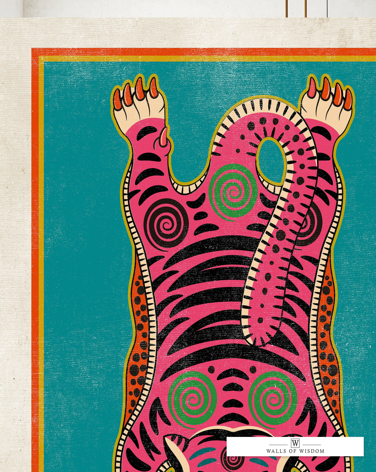 Pink Tibetan Tiger Rug Decor Wall Art  - Bright Pink Bohemian Cat Canvas Print