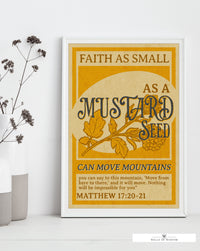 Vintage Mustard Seed Faith Typography Poster- Matthew 17:20 Inspirational Quote - Religious Wall Art