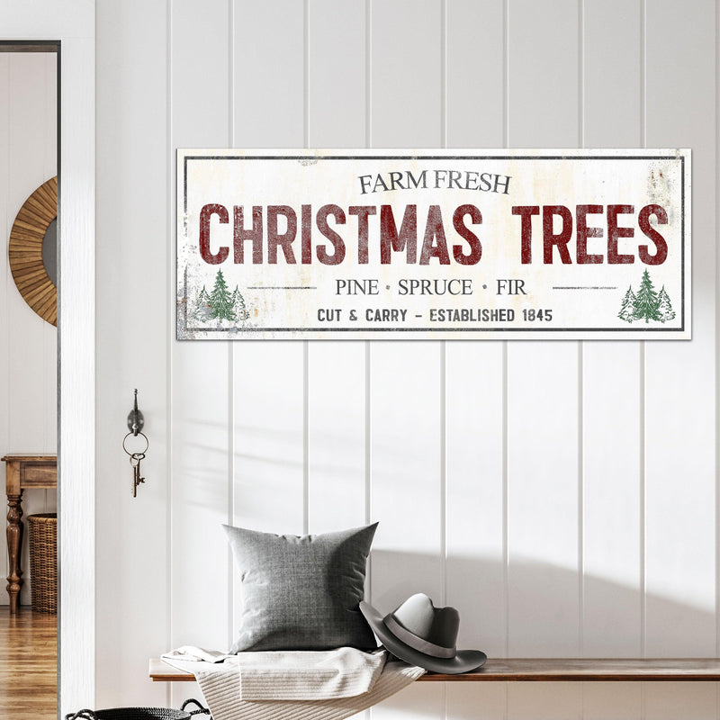 Farmhouse Christmas tree farm canvas sign with red and green text