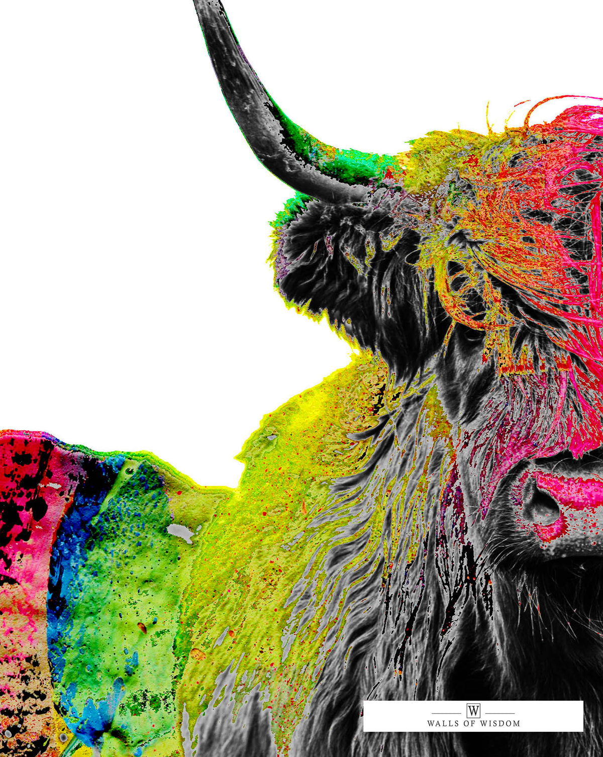 Pink Painted Highland Cow Large Canvas - Boho Maximalist Colorful Wall Art