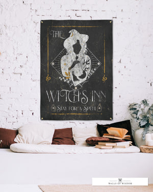 Black Witch's Inn Vinyl Banner - Moody Witchy Halloween Decor | Dark Eclectic Design Patio Decor