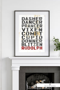 Reindeer Roll Call Poster Print: Distressed White Metal-Styled Christmas Wall Art for Cozy, Contemporary Spaces