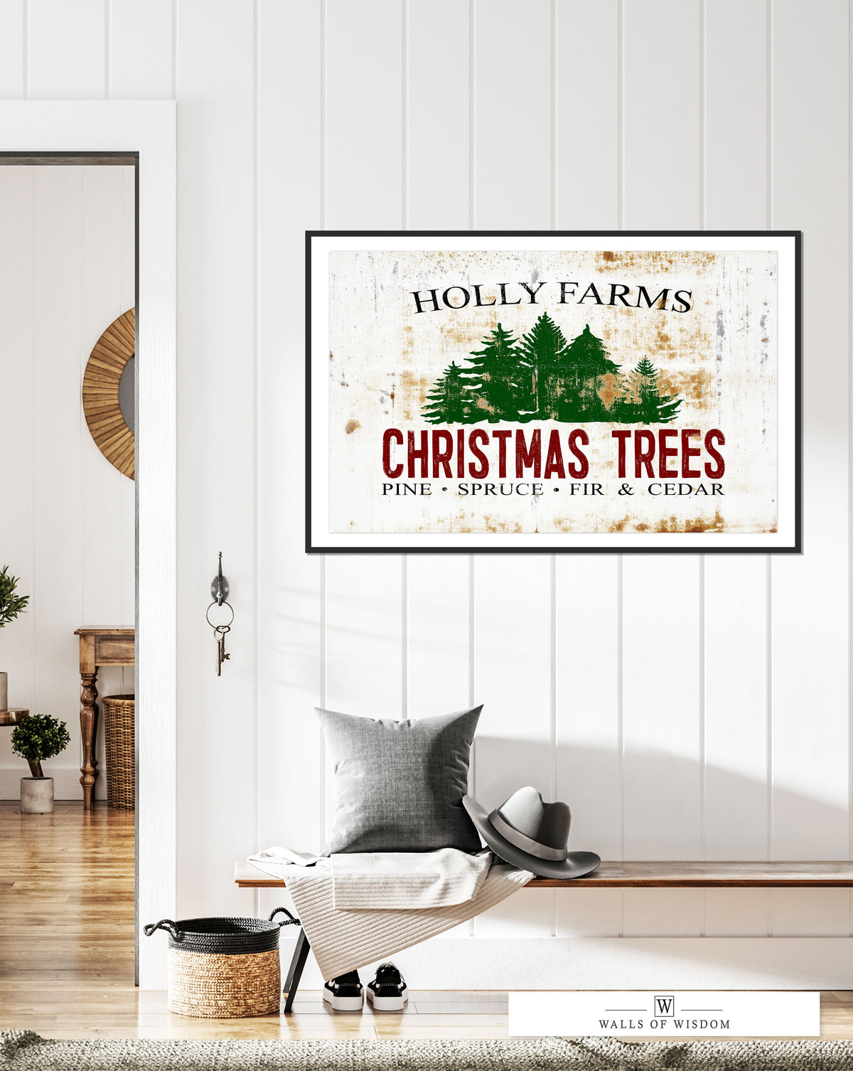 Holly Farms Vintage Christmas Tree Poster: Nostalgic Festive Wall Art for Cozy, Rustic Homes
