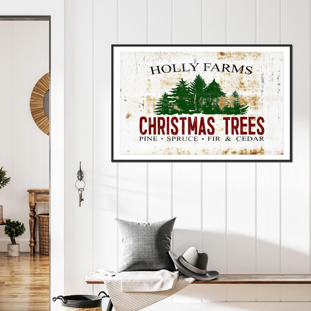 Holly Farms Vintage Christmas Tree Poster: Nostalgic Festive Wall Art for Cozy, Rustic Homes