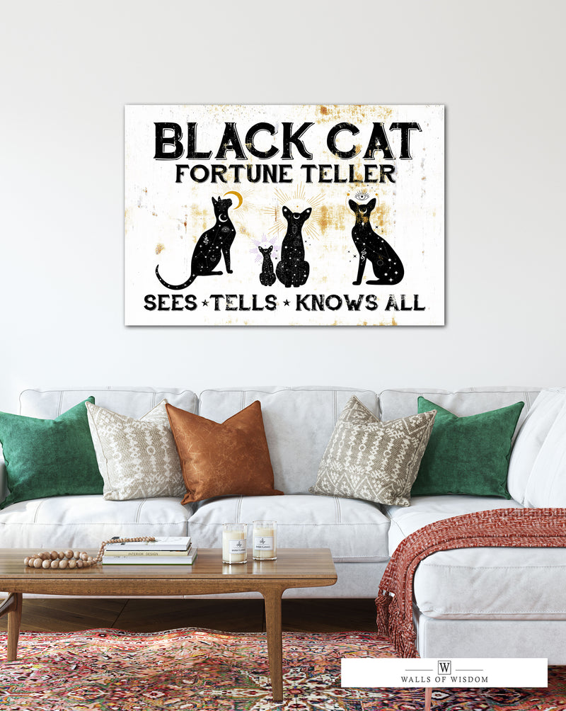 Vintage Halloween Canvas Sign - Black Cat Fortune Teller Wall Art