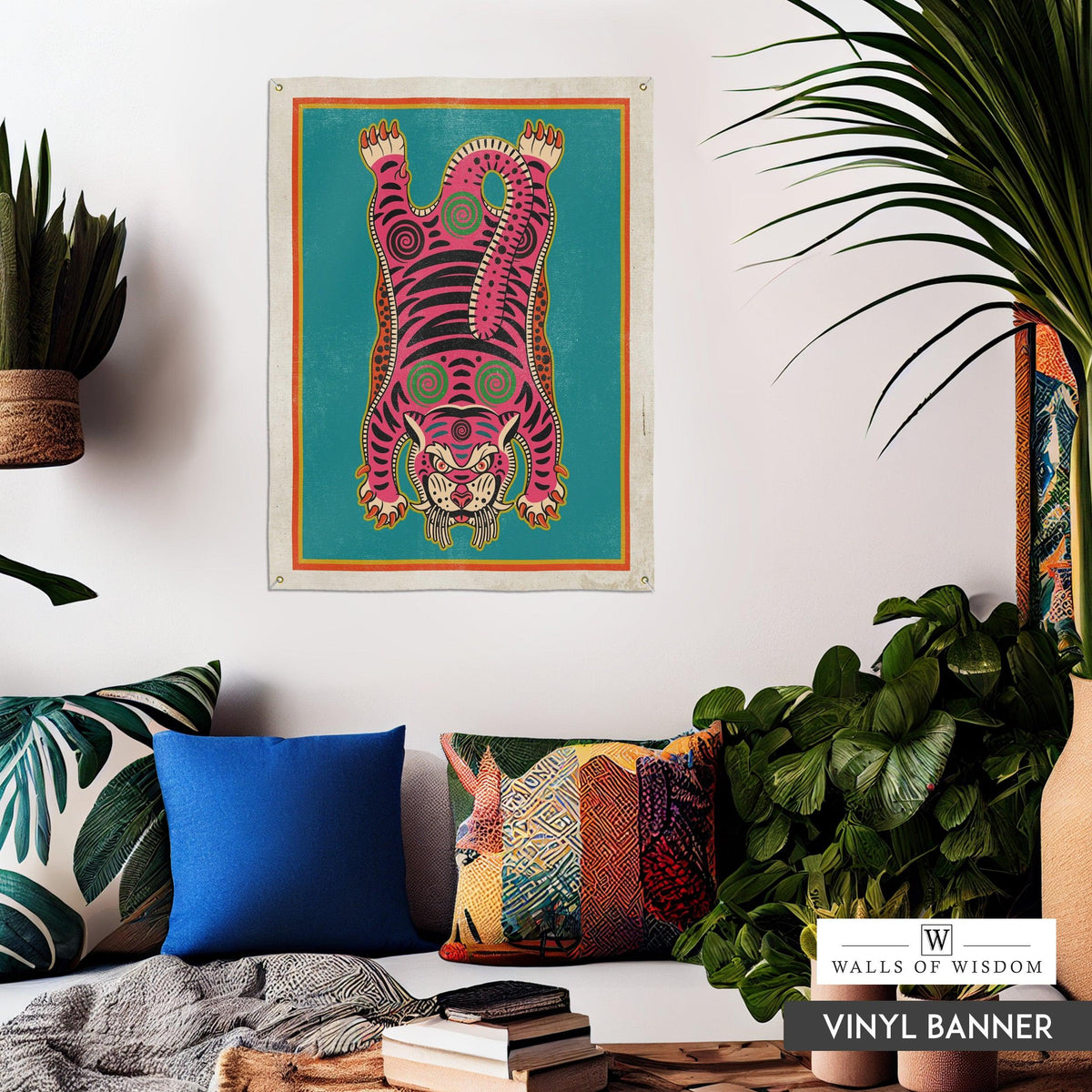 Pink Tibetan Tiger Boho Wall Art Vinyl Sign  - Outdoor Patio Garden Yard Art Maximalist Hippie Prints