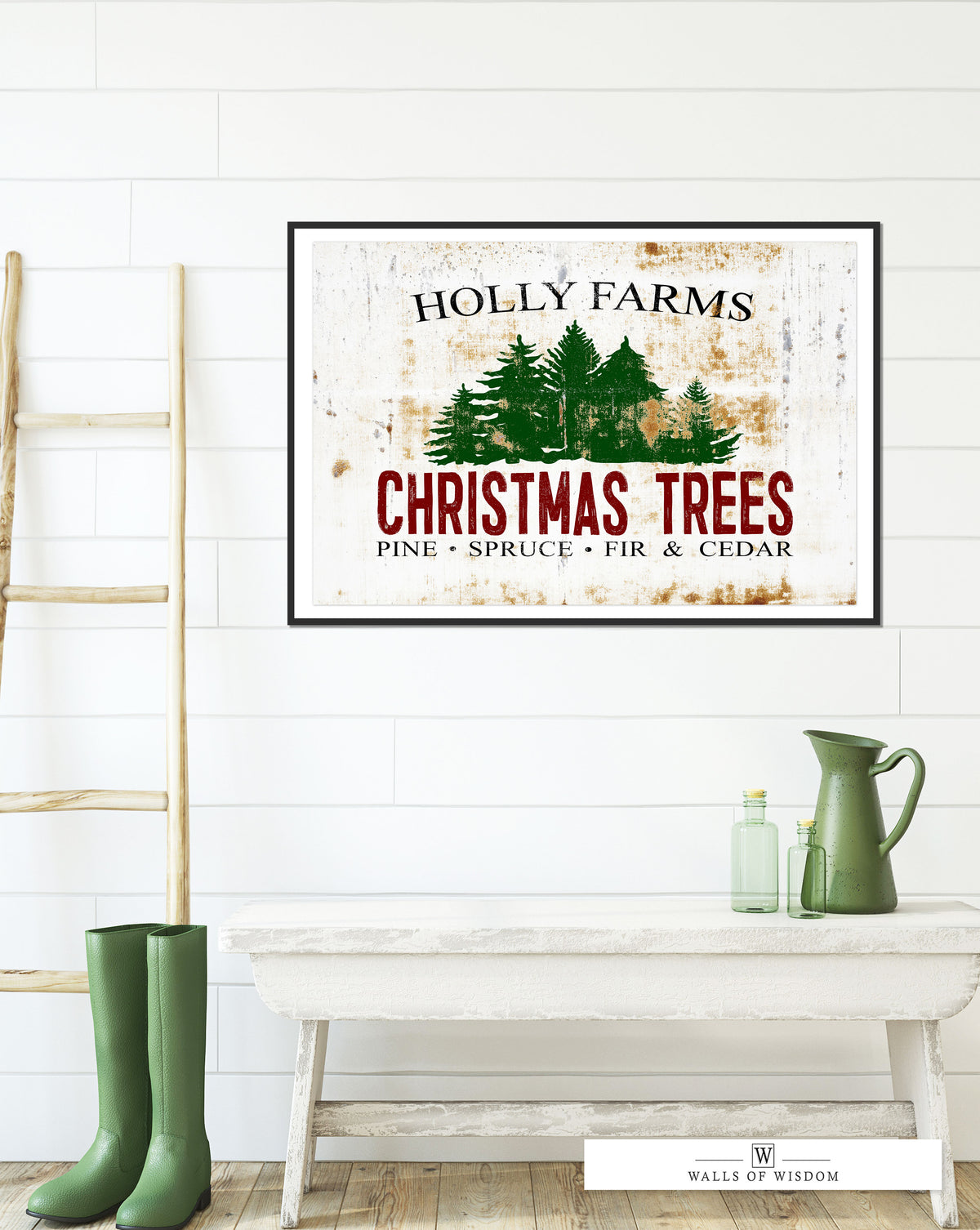 Holly Farms Vintage Christmas Tree Poster: Nostalgic Festive Wall Art for Cozy, Rustic Homes