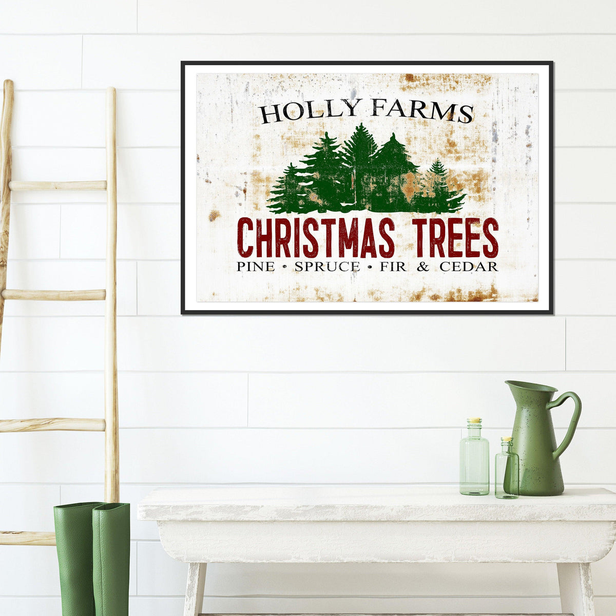 Holly Farms Vintage Christmas Tree Poster: Nostalgic Festive Wall Art for Cozy, Rustic Homes