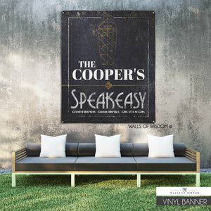 Vintage Speakeasy Sign Vinyl Banner with Art Deco Cocktail Shaker Graphic
