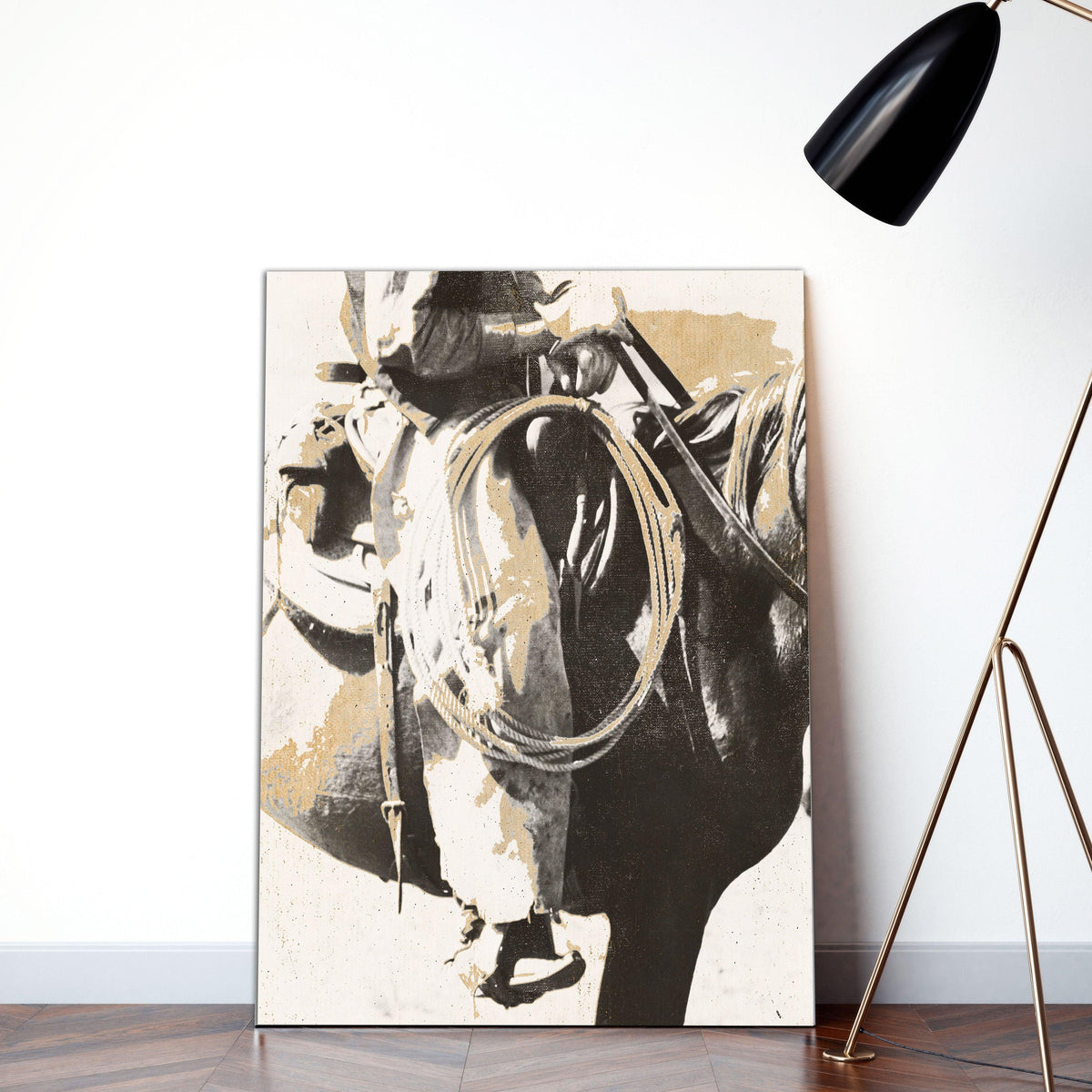 Modern Western Wall Art Cowboy on horseback in rustic neutral colors. 