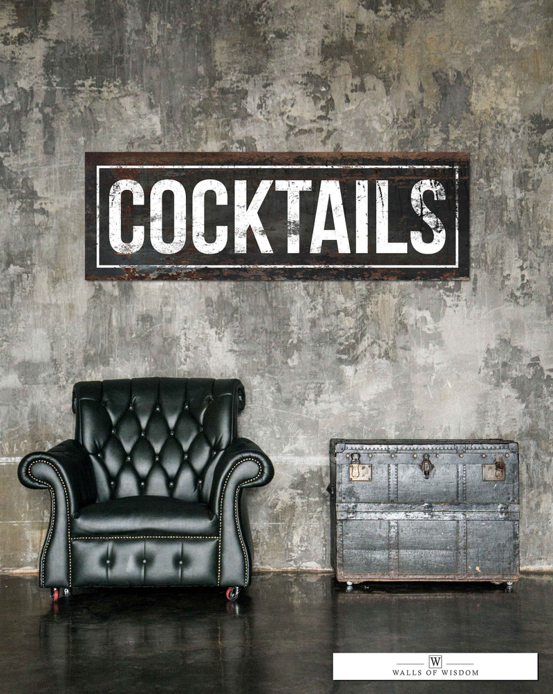 Vintage Black Distressed Cocktails Wall Art for Bar & Lounge