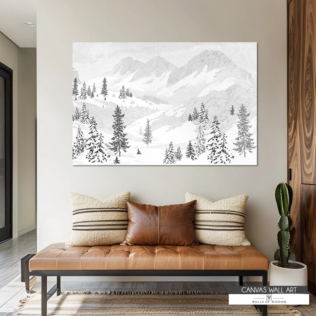 Rustic farmhouse wall art featuring sketch of winter mountains