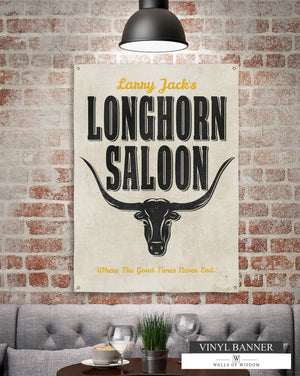 Personalized 'Longhorn Saloon' outdoor vinyl sign with vintage linen-style background and longhorn design, perfect for rustic Texas county-style homes.