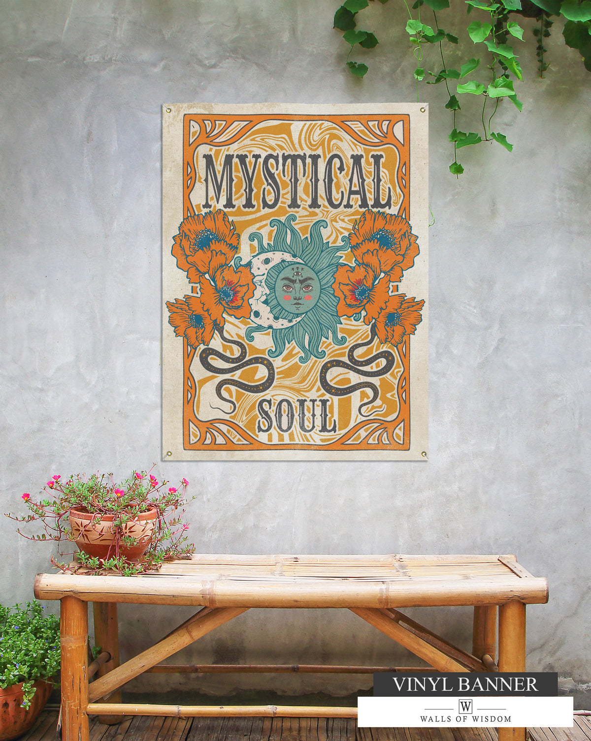 Mystical Soul Boho Backyard Vinyl Sign -  Hippie Decor for Porch & Patio Sun & Moon Garden Art