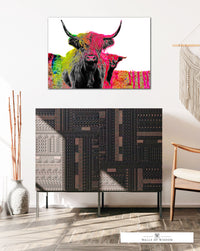 Boho Highland Cow Bright Pink Maximalist Wall Art - Bold and Colorful Cow Art