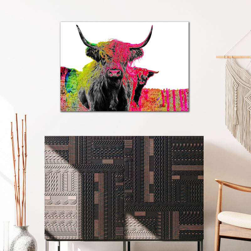 Colorful Western Highland cow wall art featuring neon pinks, greens, and blues for a lively cowboy-inspired decor.