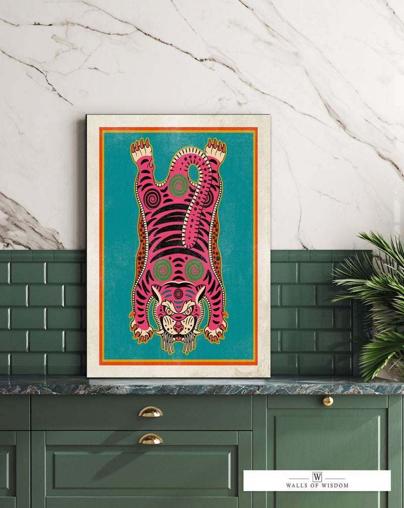 Pink Tibetan Tiger Rug Decor Wall Art  - Bright Pink Bohemian Cat Canvas Print