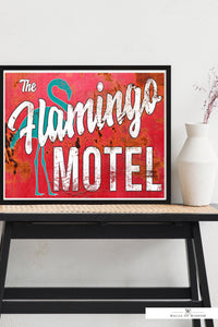 Pink Flamingo Motel Poster Print - Vintage Sign Bright Pink Wall Art