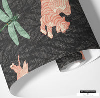 Detail of Distressed Black Linen Background in Bohemian Wallpaper Featuring Tibetan Tiger and Dragonfly.