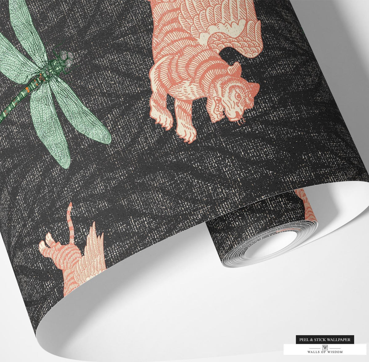 Detail of Distressed Black Linen Background in Bohemian Wallpaper Featuring Tibetan Tiger and Dragonfly.