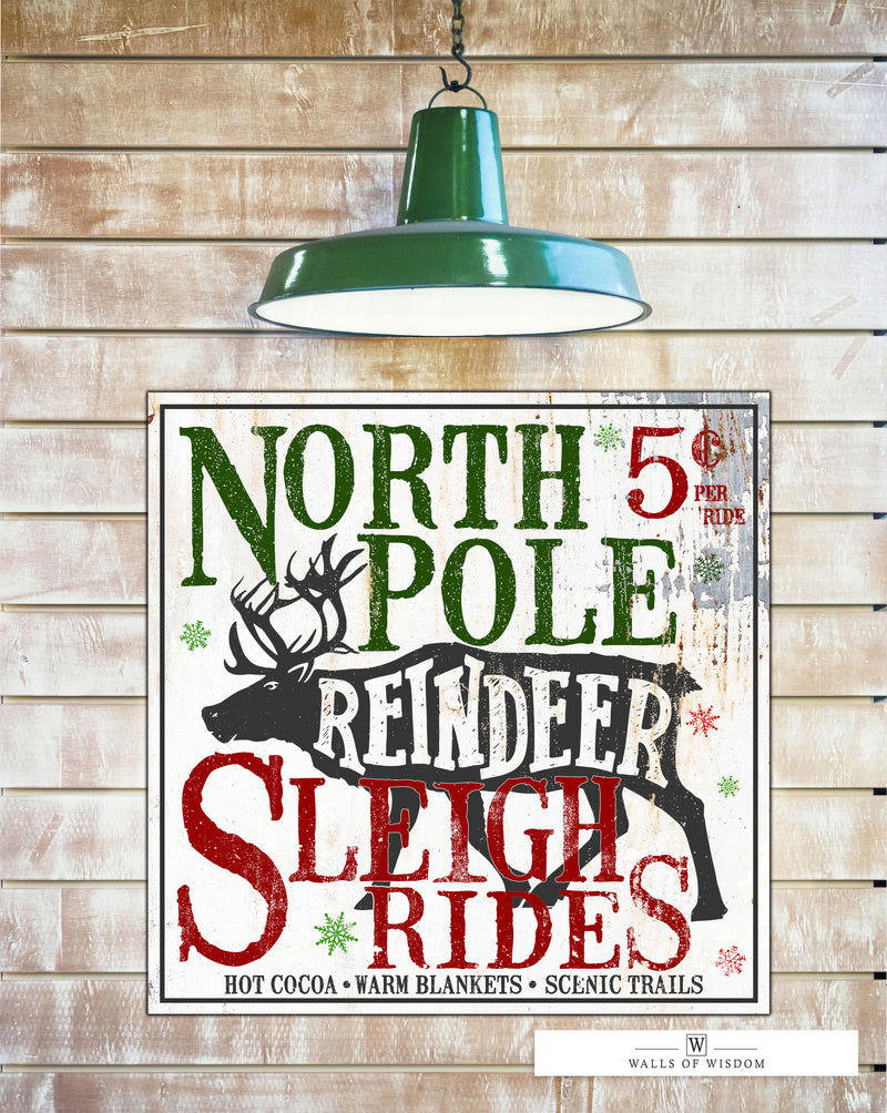 North Pole Reindeer Sleigh Rides Farmhouse Decor Wall Art