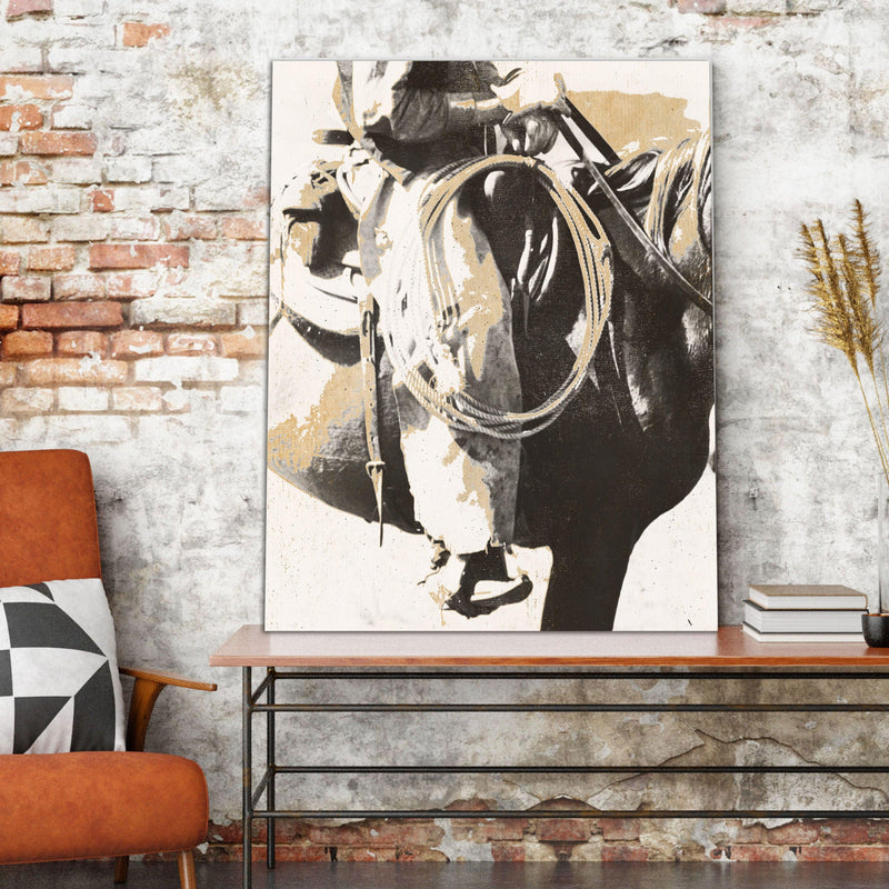 Modern Cowboy on horse in chaps with abstract style and neutral tones. 