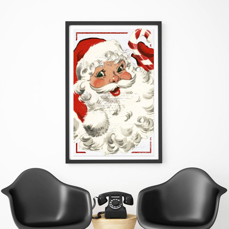 Vintage Santa holding a candy cane against a distressed wood background Christmas poster