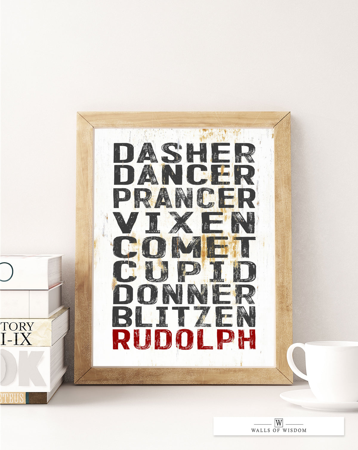 Reindeer Roll Call Poster Print: Distressed White Metal-Styled Christmas Wall Art for Cozy, Contemporary Spaces