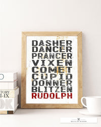 Reindeer Roll Call Poster Print: Distressed White Metal-Styled Christmas Wall Art for Cozy, Contemporary Spaces