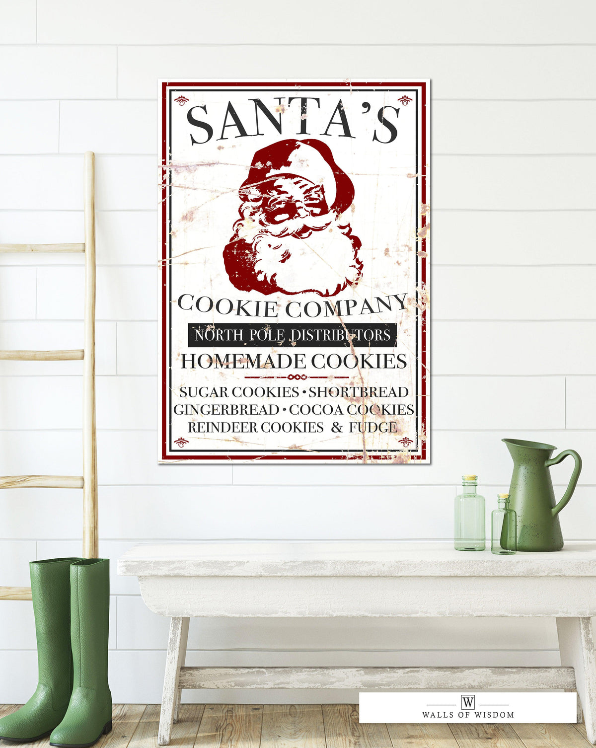 Santa's Cookie Co Farmhouse Canvas Art - Vintage Santa Christmas SIgn