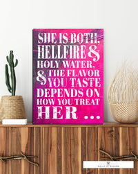 She is Hellfire and Holy Water Bright Pink Motivational Wall Art -  Inspirational Quote Canvas Print