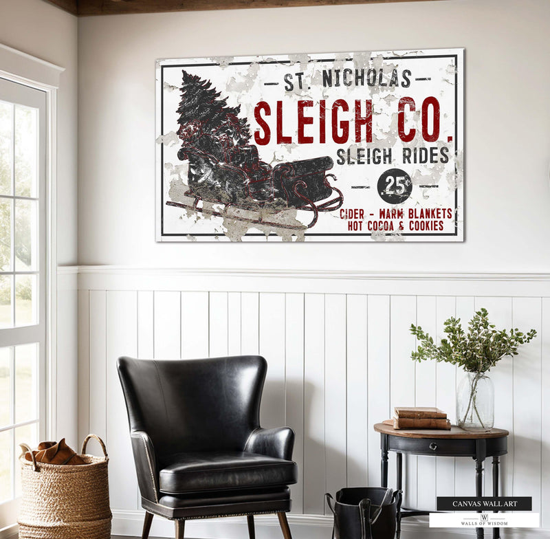 Rustic Christmas sleigh rides sign with chippy paint finish.