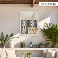 Distinctive Bourbon Bar vinyl banner, with a vintage linen background and decanter graphic, ideal for creating an inviting atmosphere.