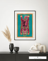 Tibetan Tiger Art Poster Print - Colorful Pink Bohemian Maximalist Gallery Wall Art