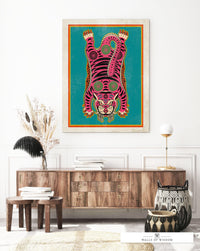 Pink Tibetan Tiger Rug Decor Wall Art  - Bright Pink Bohemian Cat Canvas Print