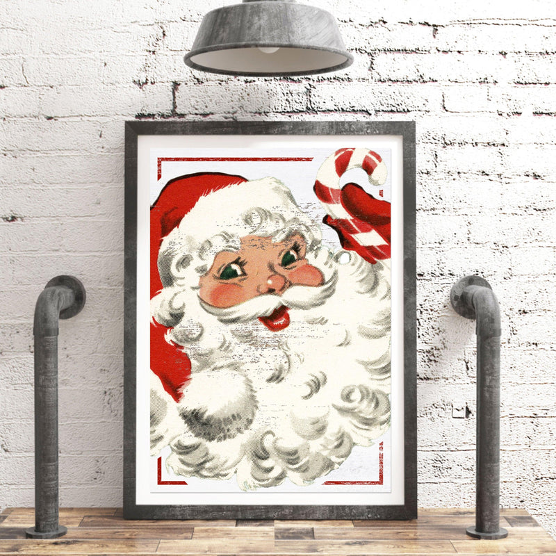 Candy Cane Santa Poster Print: Retro 50's-Inspired Christmas Wall Art for Cozy Holiday Home