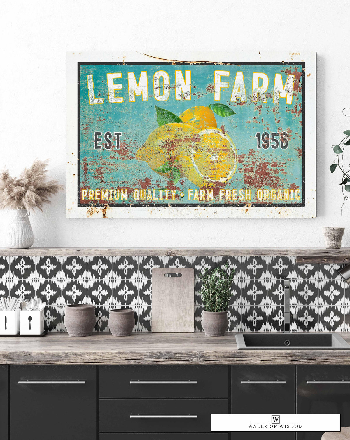 Vintage  " Lemon Farm " Sign Canvas Wall Art  - Bright and Cheery Summer Kitchen Signs