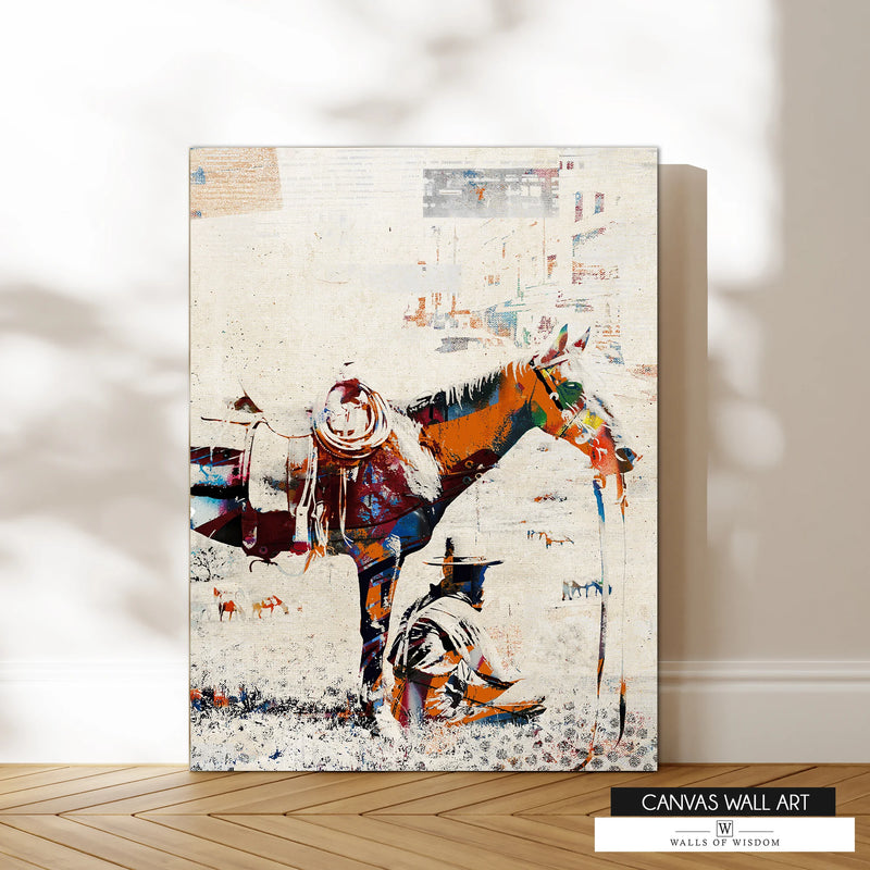 Unique Western cowboy canvas print blending vintage photography with modern street art colors.