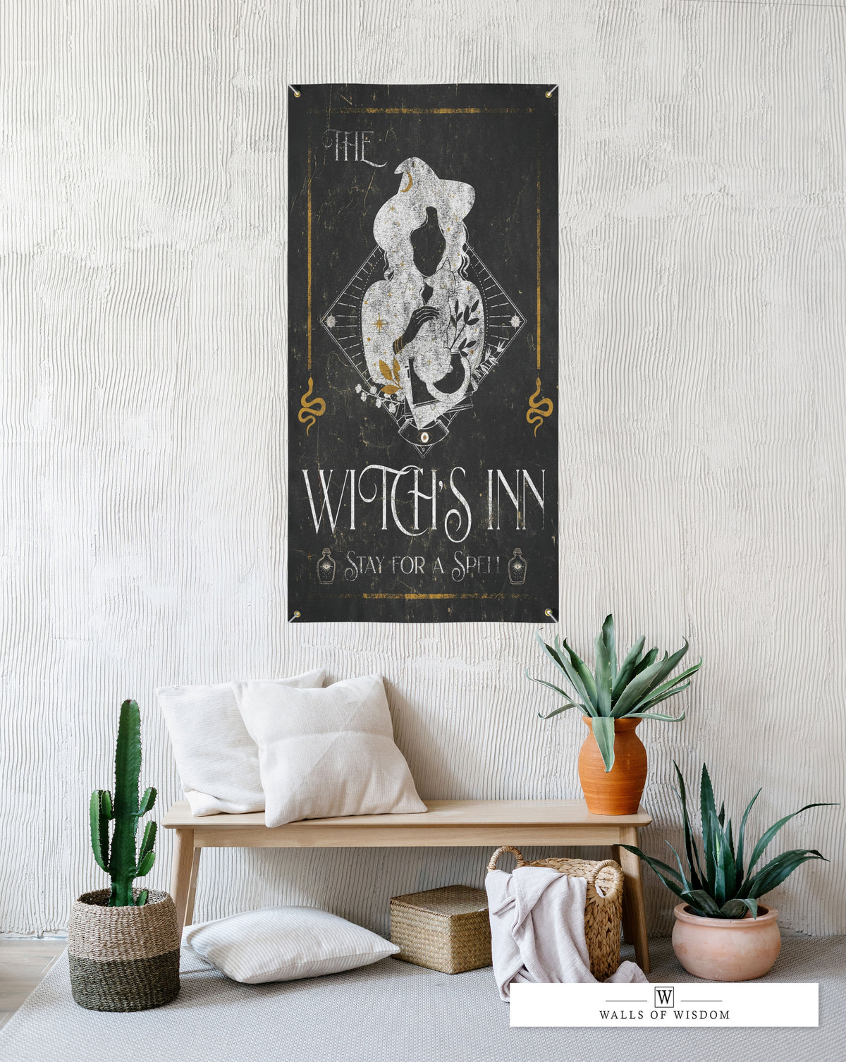 Black Witch's Inn Vinyl Banner - Moody Witchy Halloween Decor | Dark Eclectic Design Patio Decor