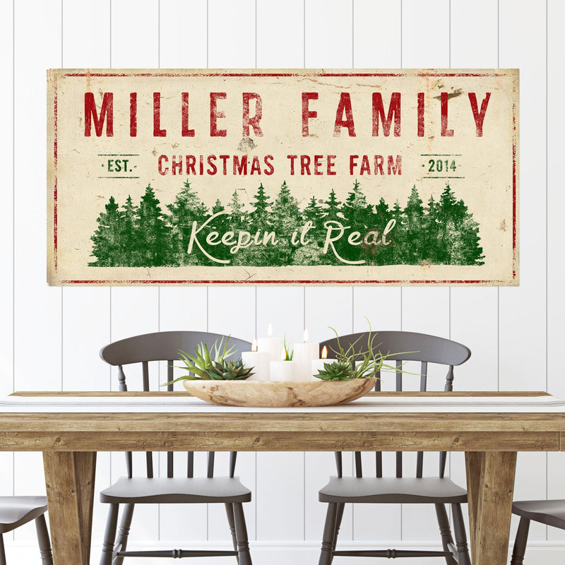 Personalized Christmas tree farm sign with red font and border
