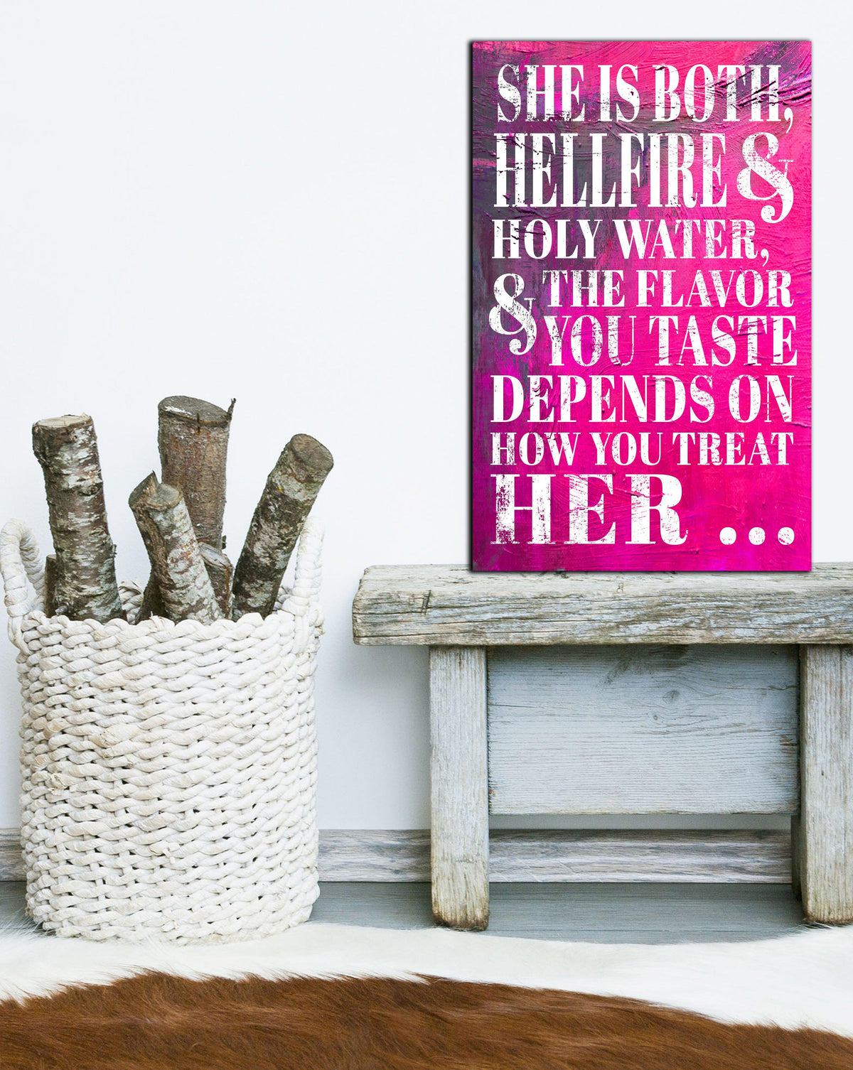 She is Hellfire and Holy Water Bright Pink Motivational Wall Art -  Inspirational Quote Canvas Print