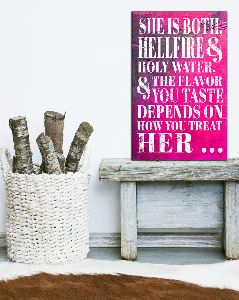 She is Hellfire and Holy Water Bright Pink Motivational Wall Art -  Inspirational Quote Canvas Print