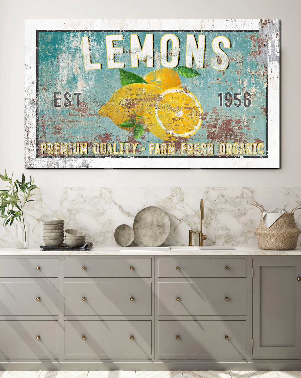 Farmhouse Lemon & Blue Metal Style Wall Art Canvas
