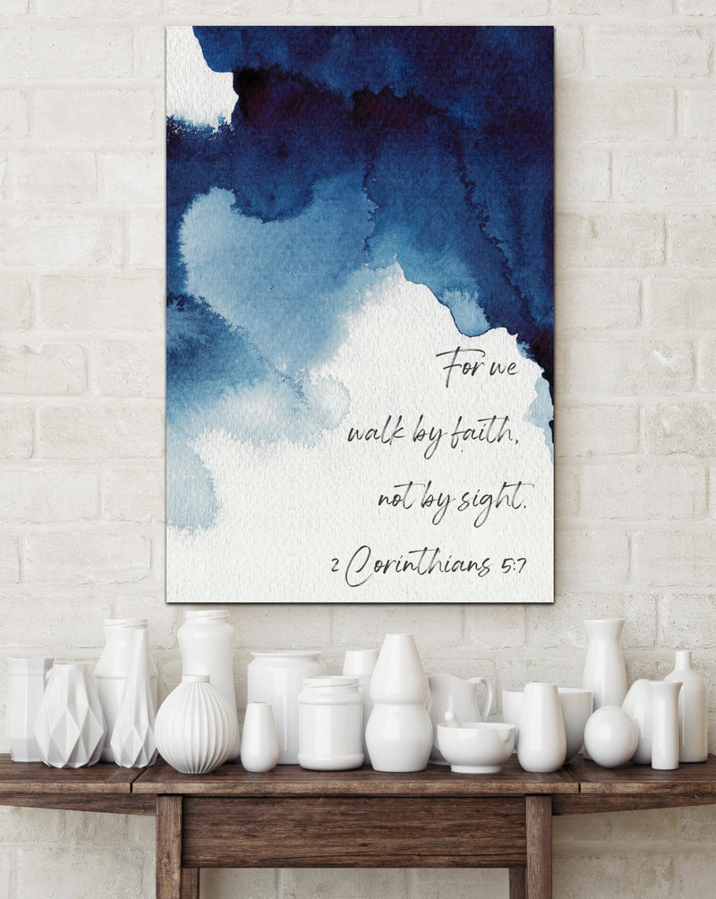 Walk By Faith Blue Watercolor Inspirational Canvas Modern Wall Art